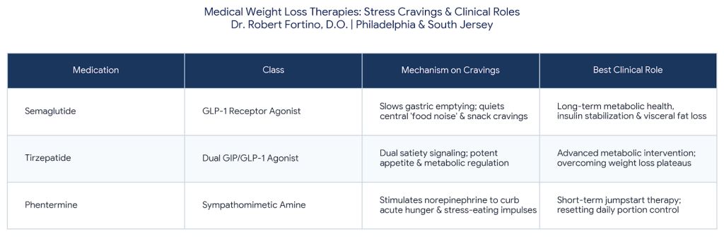 Comparison chart of Semaglutide, Tirzepatide, and Phentermine for stress cravings and medical weight loss - Dr. Robert Fortino
